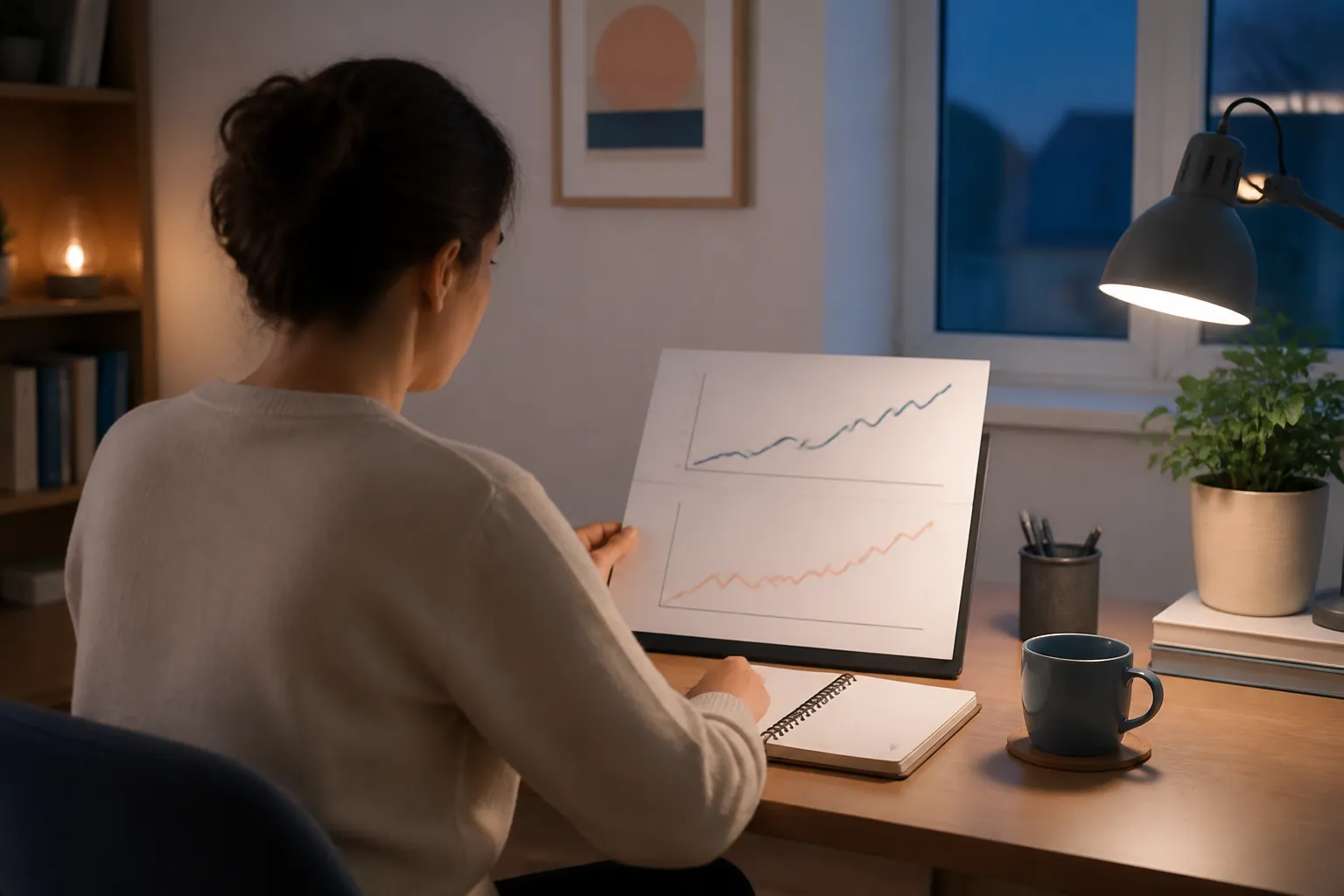 Person calmly reviewing two result trends and recording context