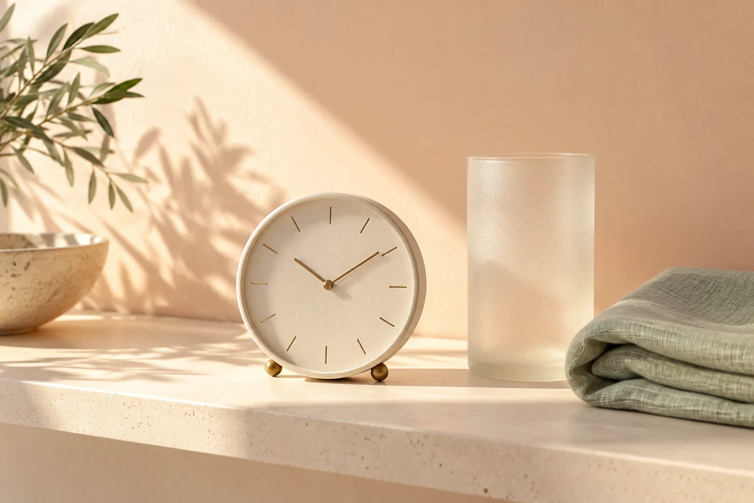Illustrative clock and glass cylinder in morning light, representing the importance of test timing rather than an actual test