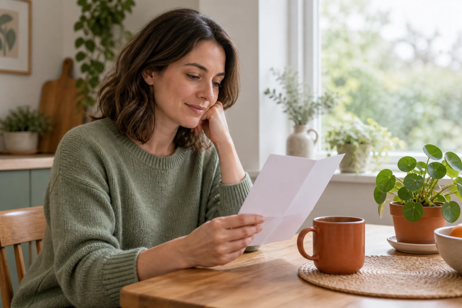 Illustrative adult reading a leaflet at home, not a patient story or testimonial