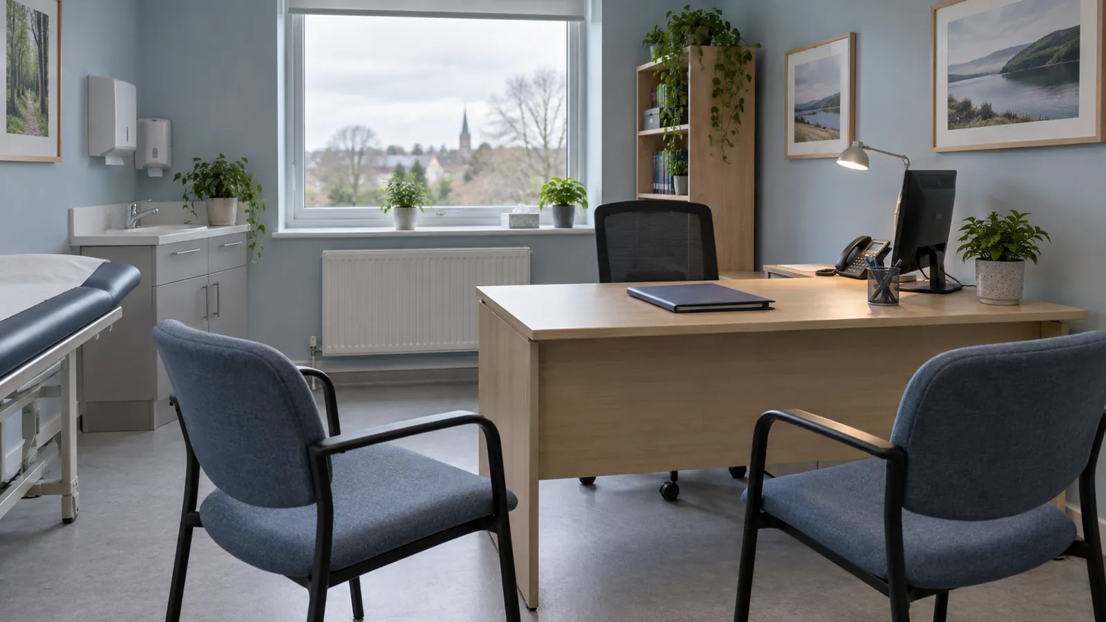Quiet consultation room prepared for a clinical discussion