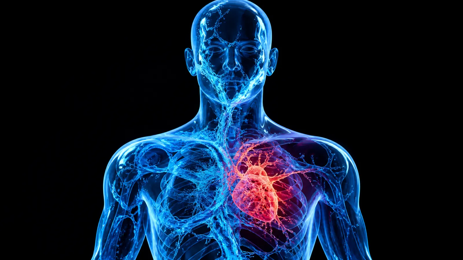 Translucent human silhouette with fluid channels illustrating hydration