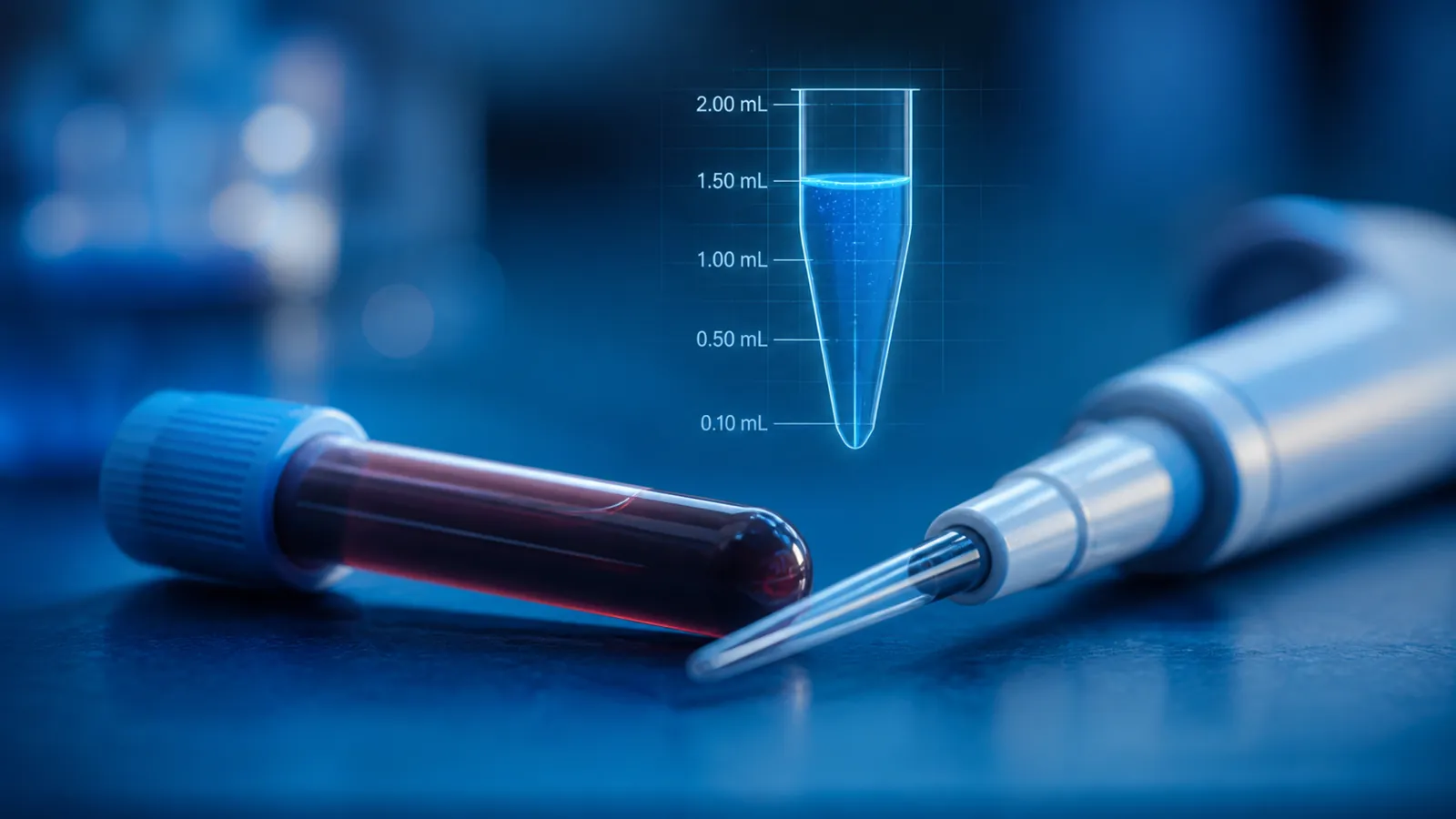 Anonymous capped blood tube and fluid-volume concept in a blue laboratory