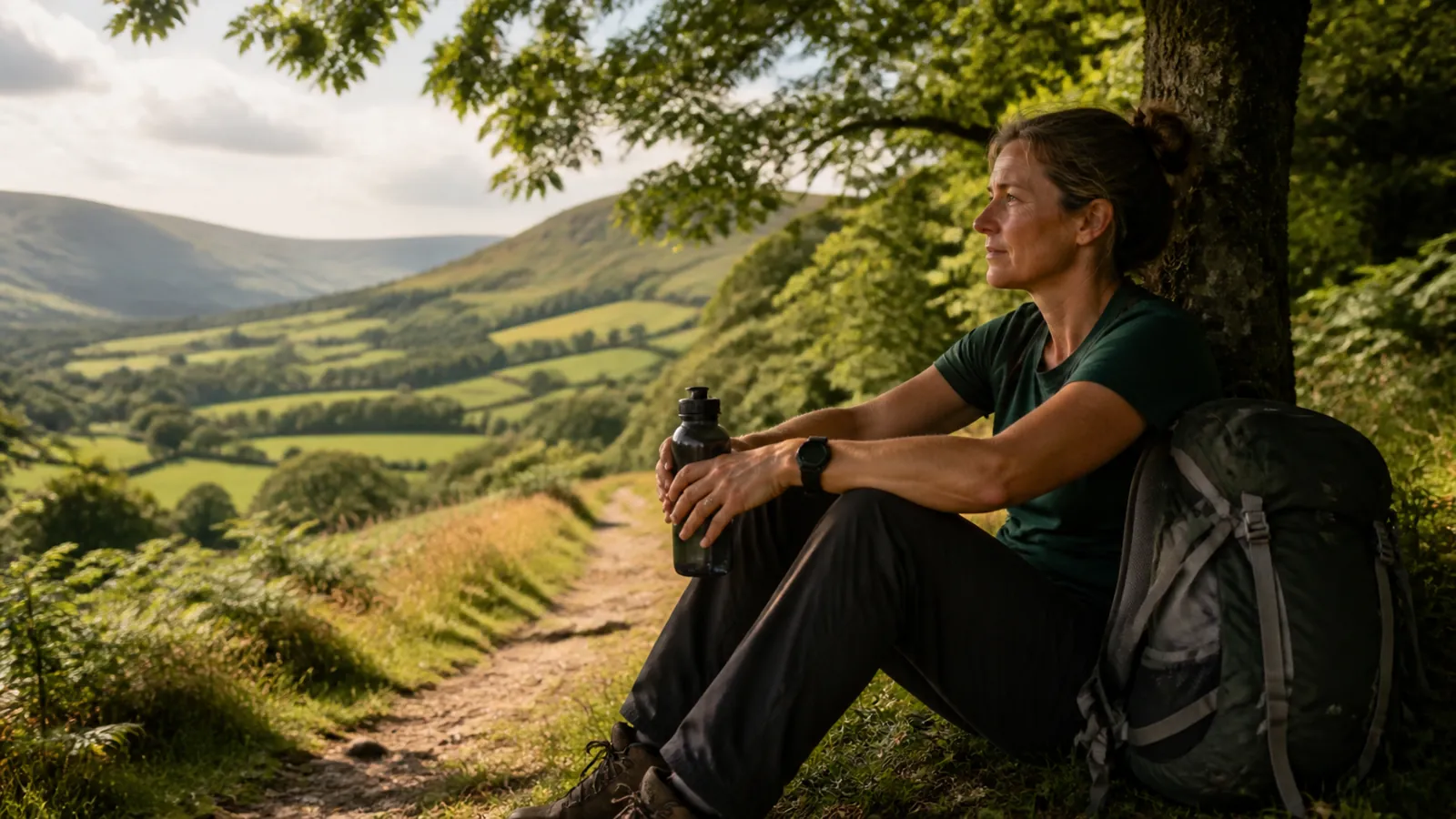 Hiker resting with water after exercise in the UK countryside