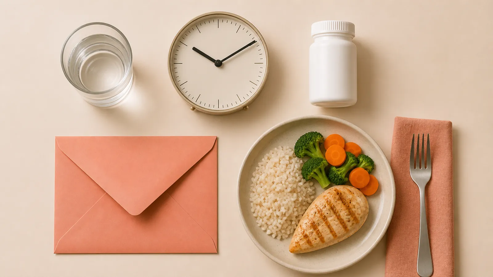 Top-down blood test preparation objects with water, clock and medicines