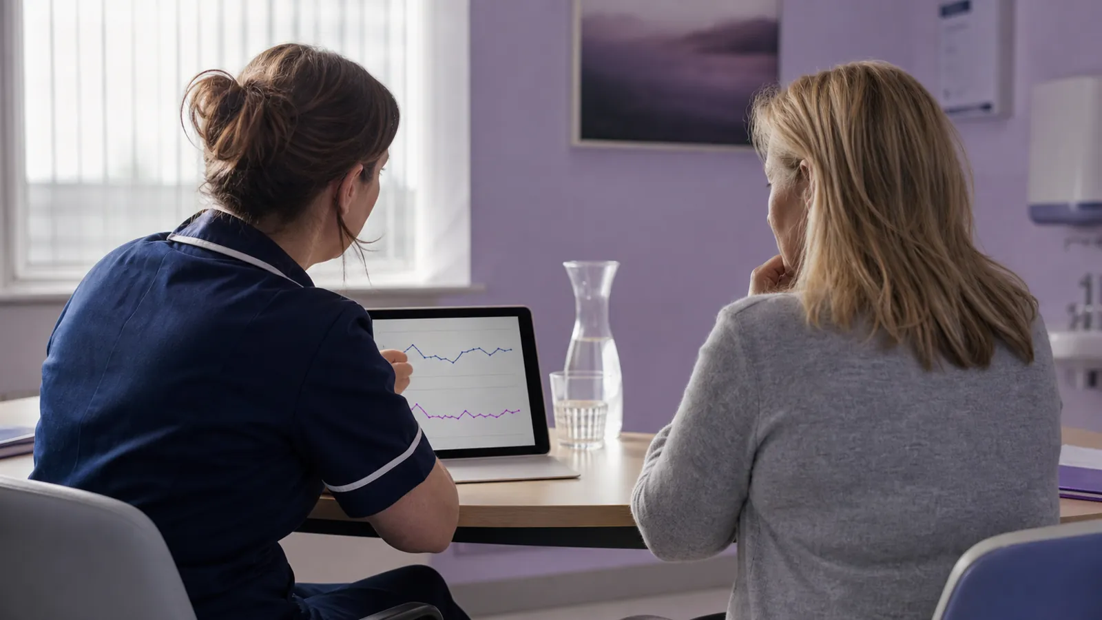 Clinician reviewing anonymised blood trends with a patient in a UK room