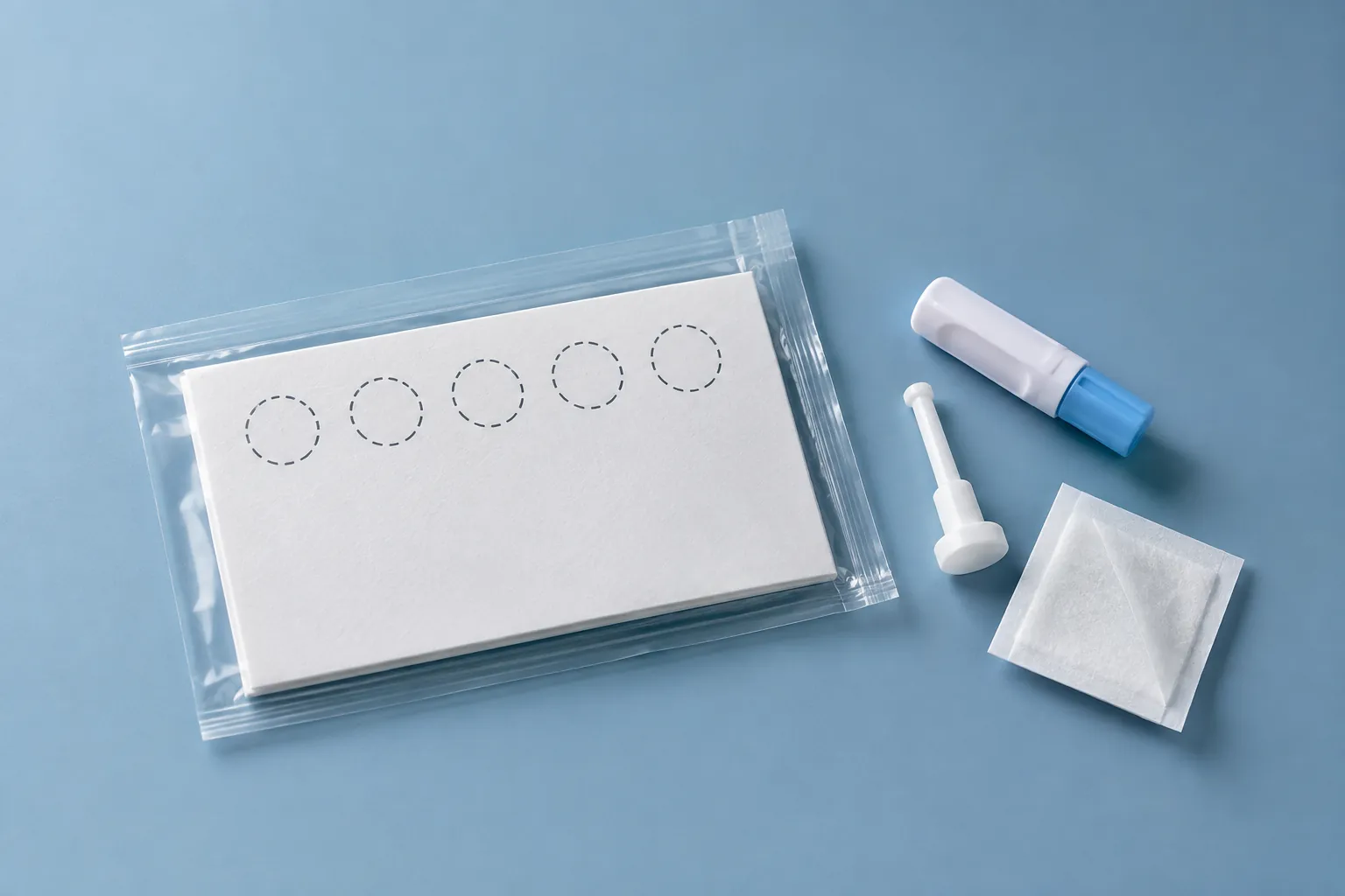 Sealed dried blood spot test kit on a blue tabletop