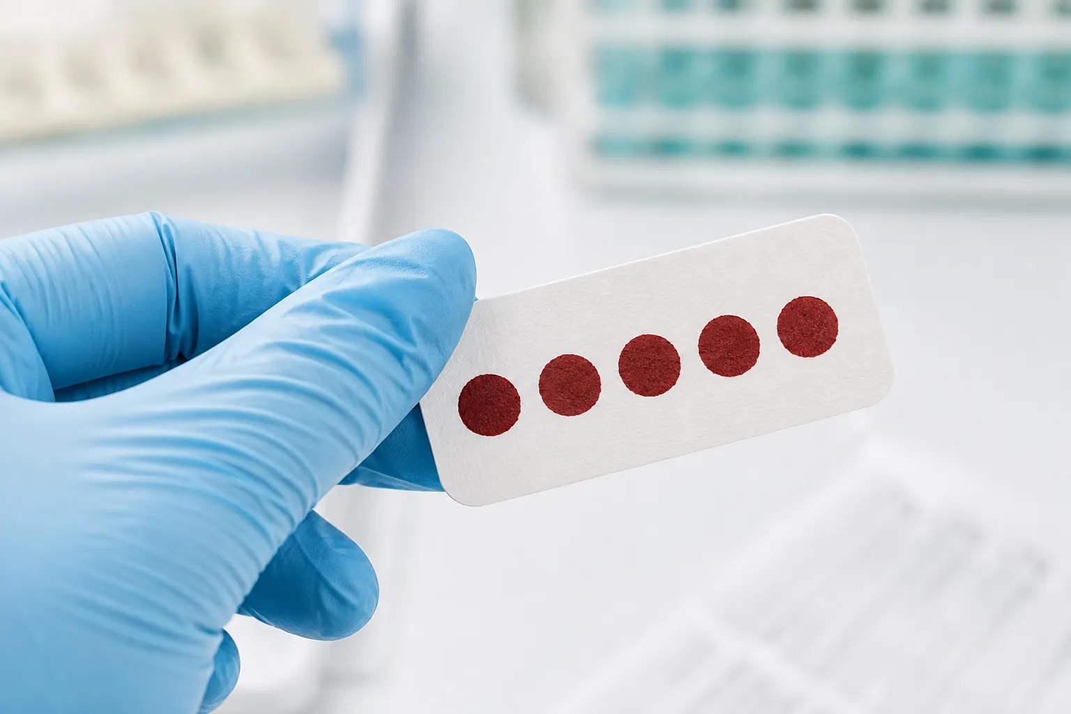Gloved laboratory hand holding a dried blood spot card
