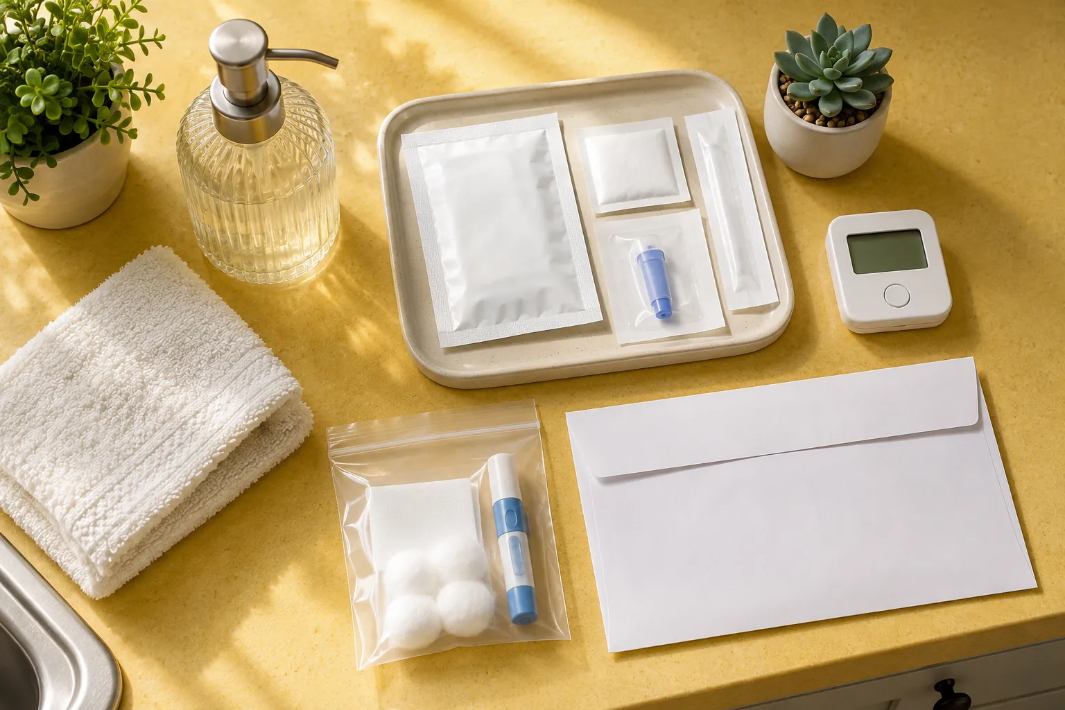 Home finger-prick supplies arranged on a sunny yellow surface