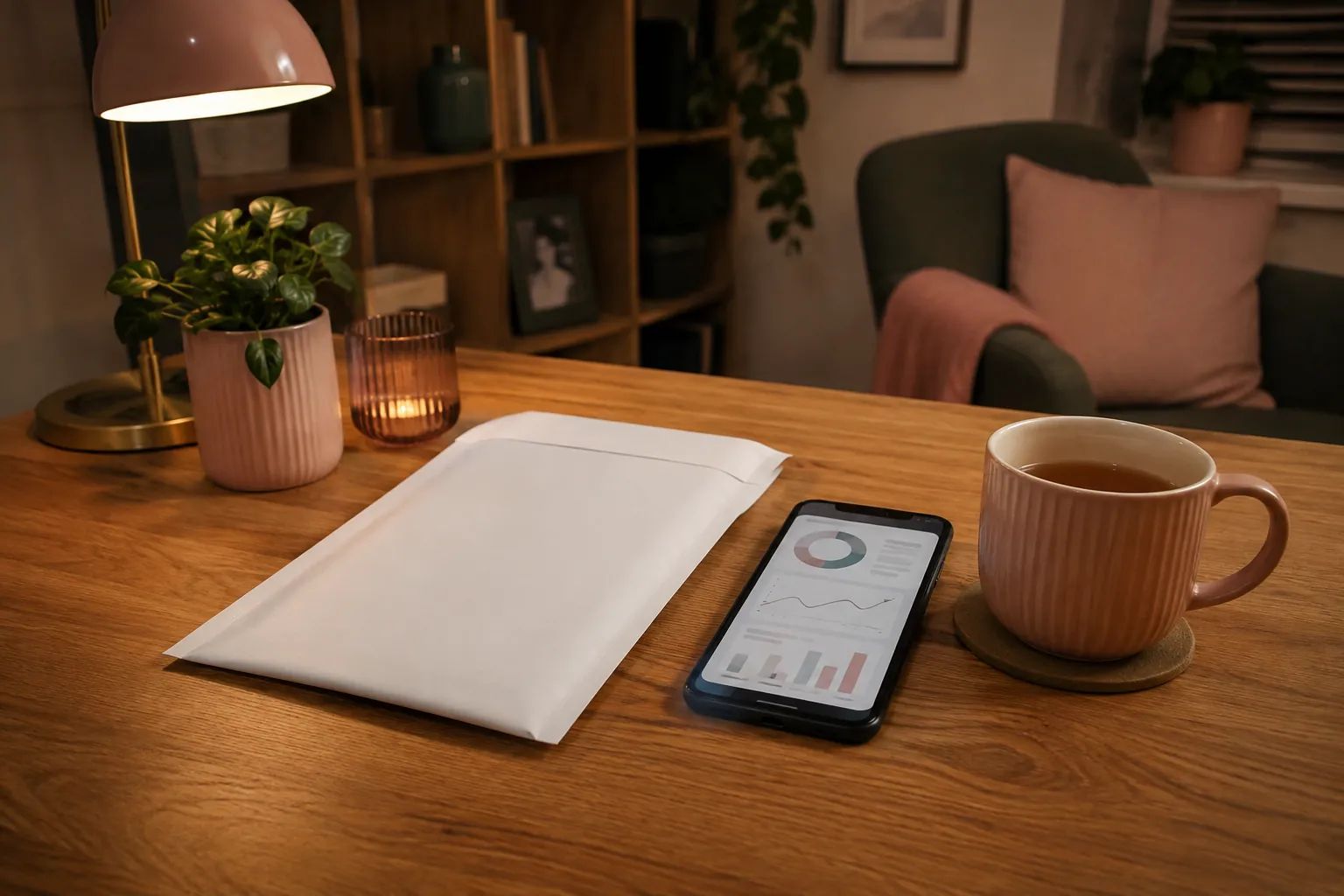 Sample return envelope and secure digital report at a home desk