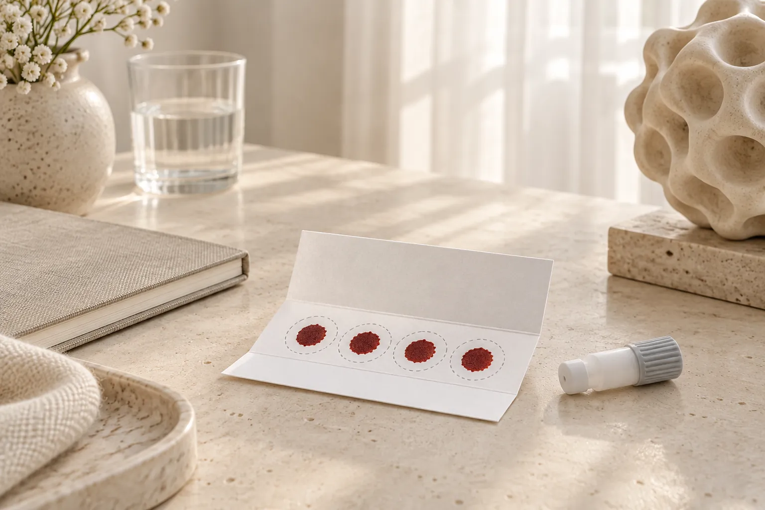 Unbranded dried blood spot collection card in a calm neutral studio
