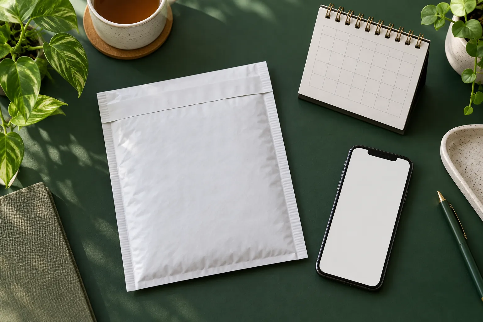 Sealed sample return envelope with calendar and phone on a green desk