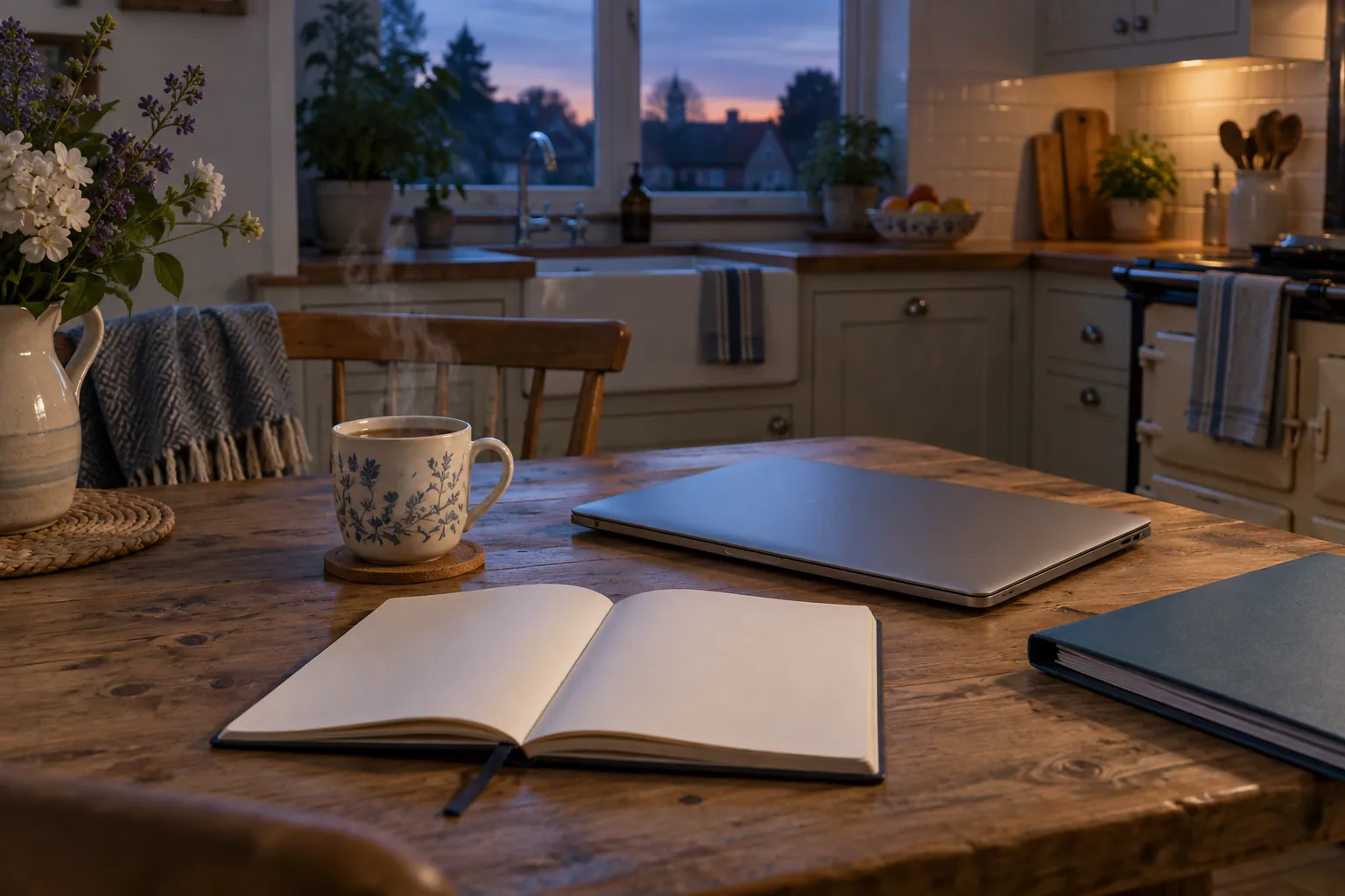 British kitchen table with report folder and notebook at blue evening light