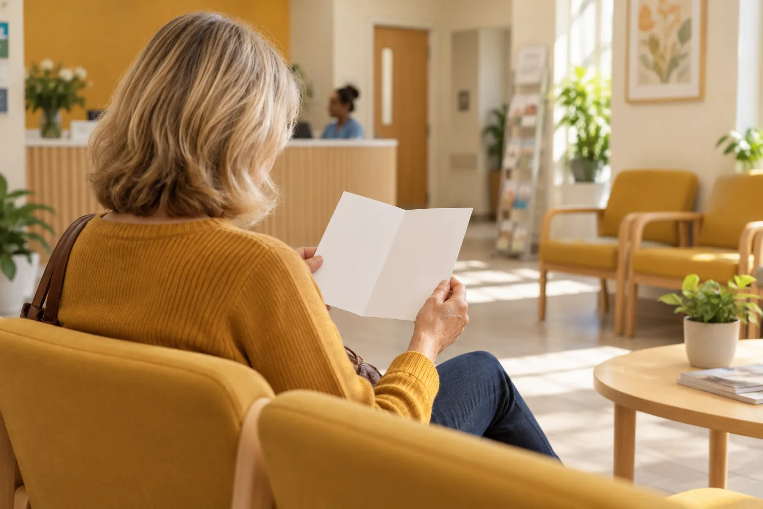 Adult reviewing an information leaflet in a bright waiting-room style space