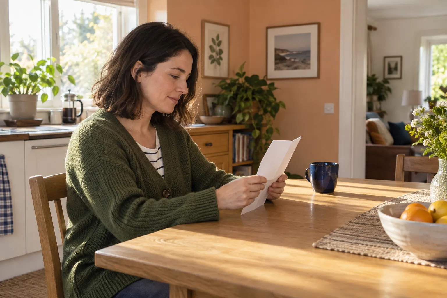 Illustrative adult reading a leaflet at a kitchen table, not a patient story or testimonial