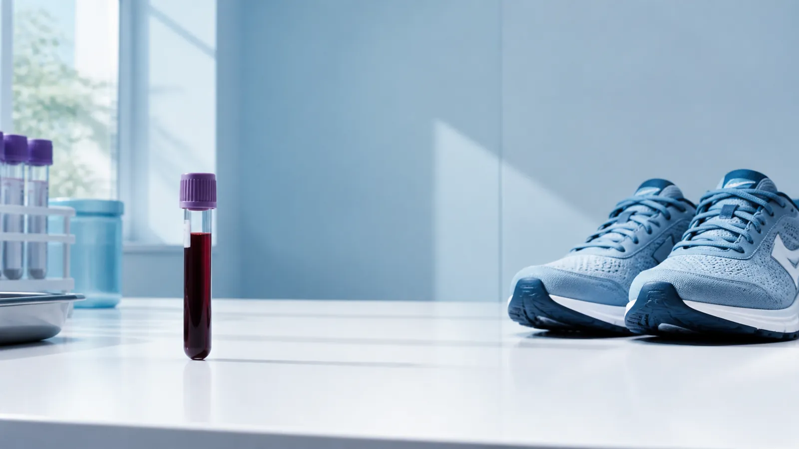 Running shoes and a sealed blood sample tube in cool clinical morning light