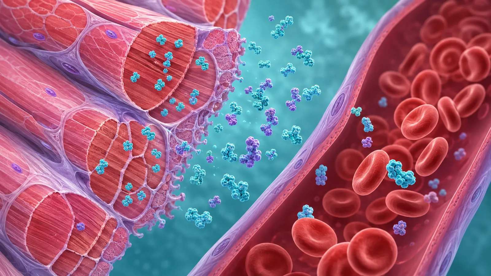 Medical illustration of muscle and creatine kinase after exercise