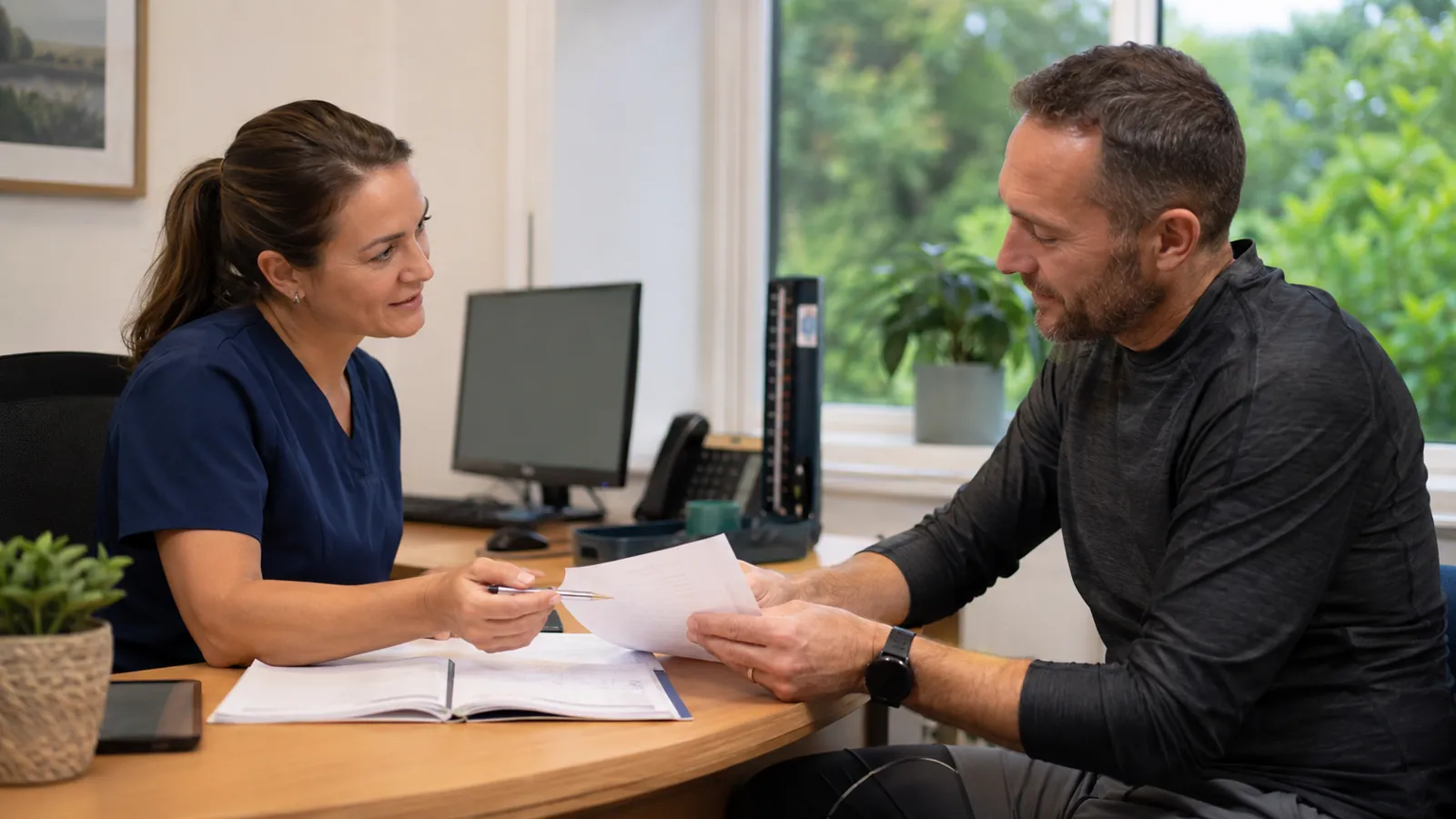 Clinician and active adult reviewing an exercise diary and test request