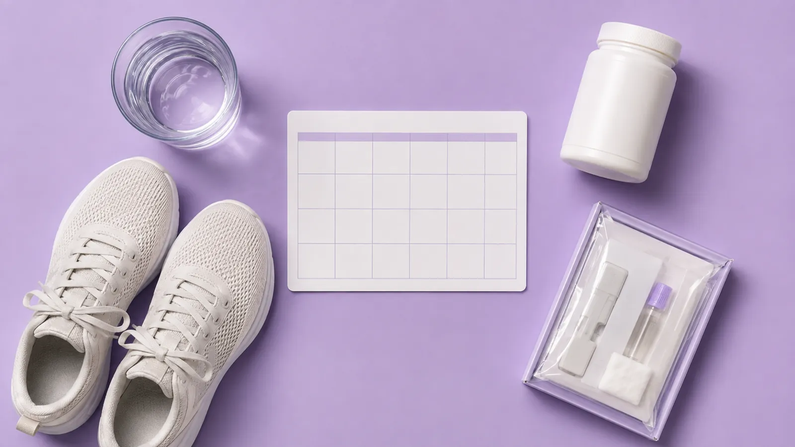 Water trainers calendar supplement bottle and home sample kit viewed from above