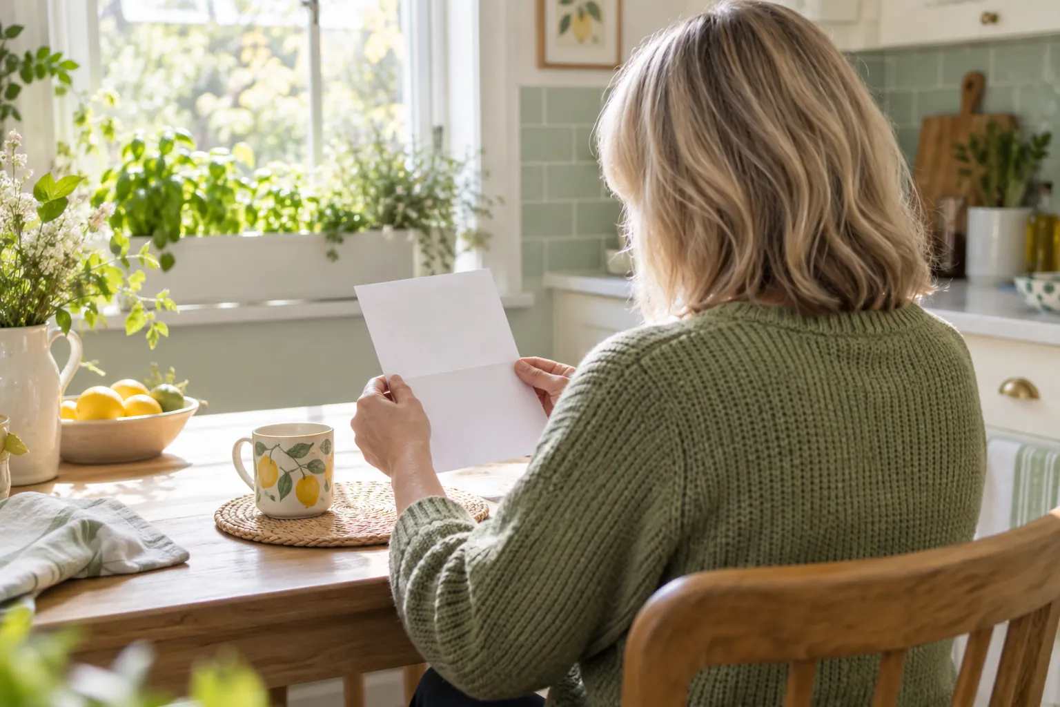 Illustrative adult reading an information leaflet in a bright kitchen, not a patient story or testimonial
