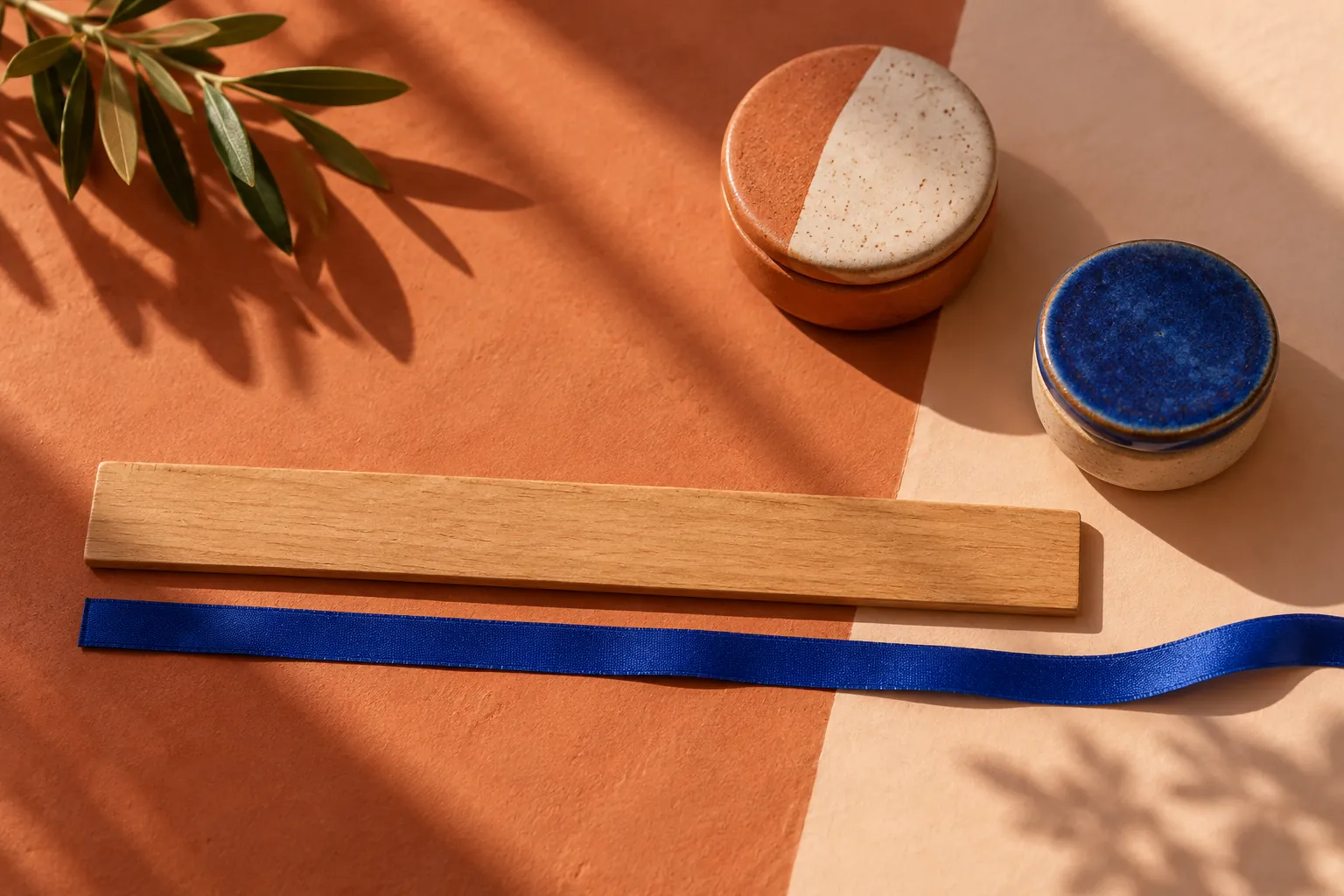 Abstract ruler, ribbon and separate ceramic boxes illustrating different kinds of result, not a diagnostic chart