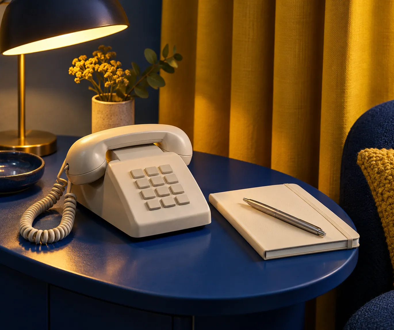 Illustrative telephone and closed notebook representing questions for a healthcare team, not mescreen™'s support service