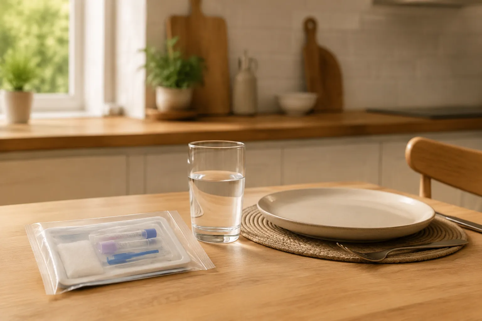 Sealed home blood test kit with plain water and an empty breakfast setting