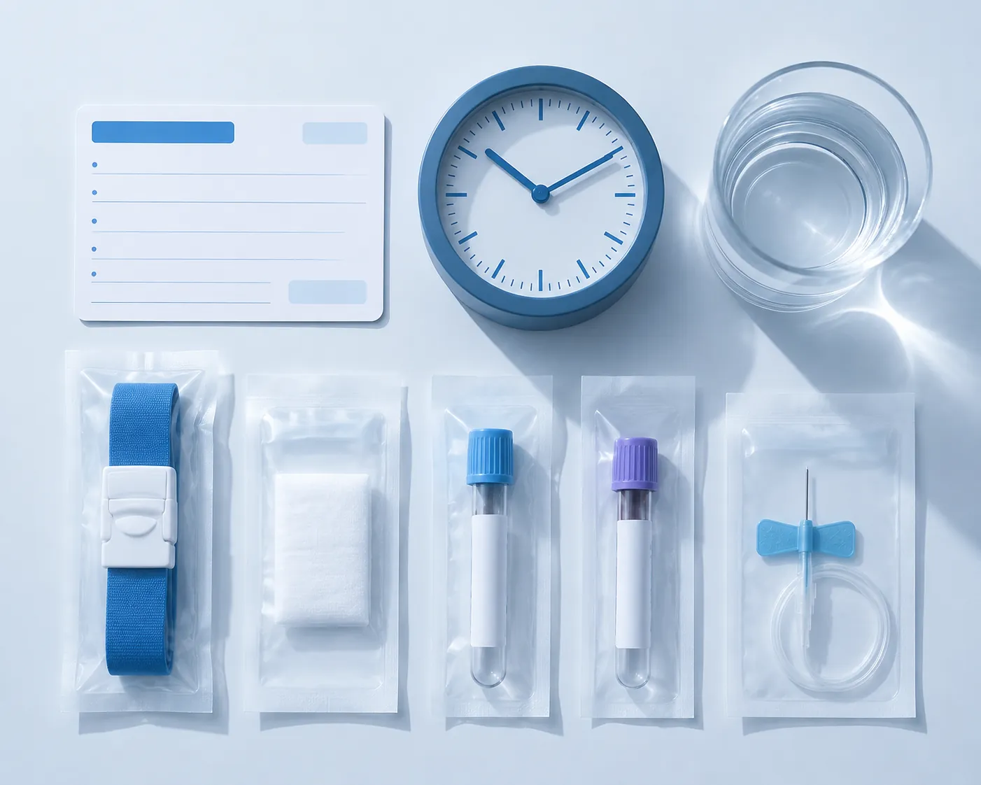 Appointment clock water and sealed collection supplies on a blue background