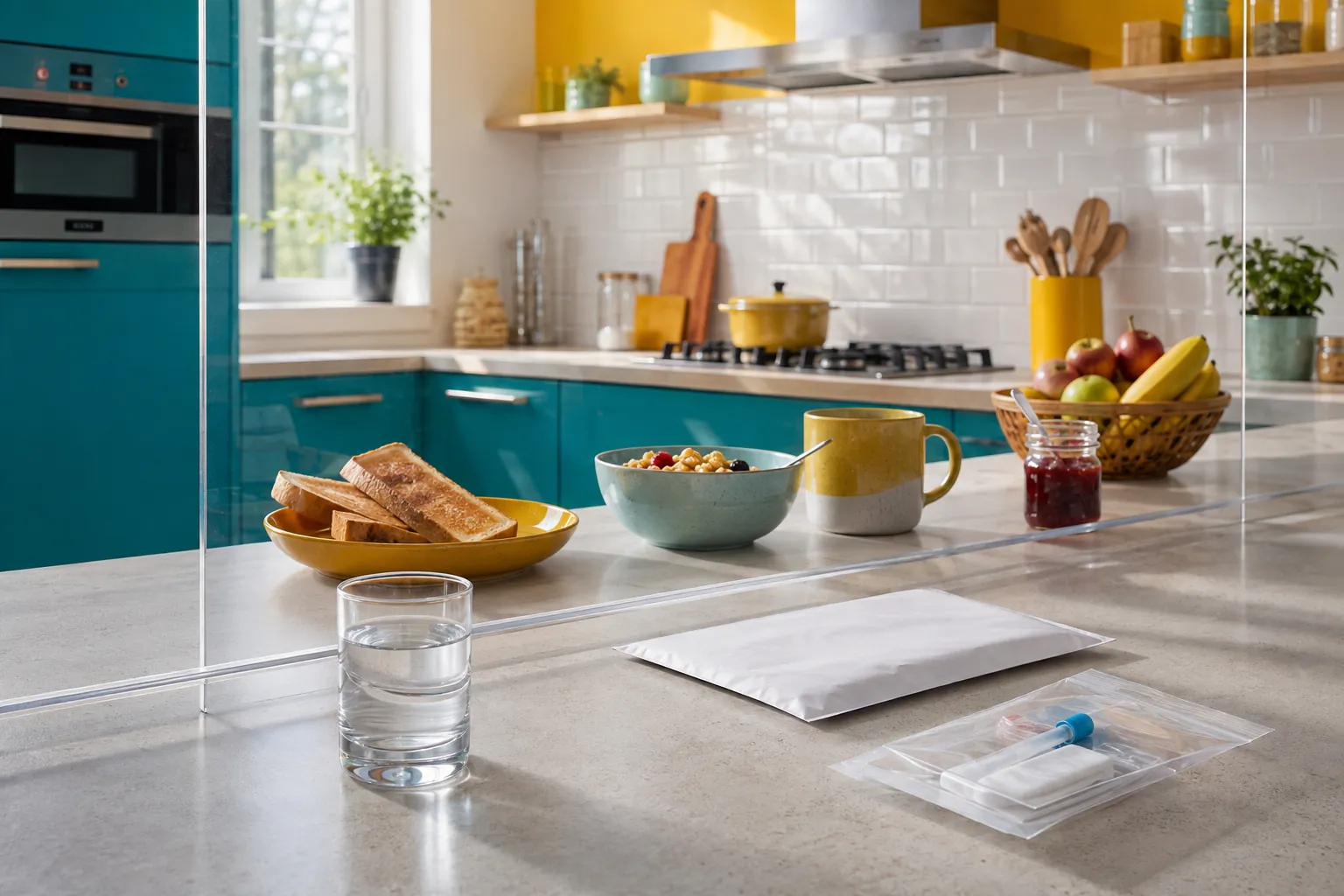 Breakfast foods separated from plain water and blood test paperwork