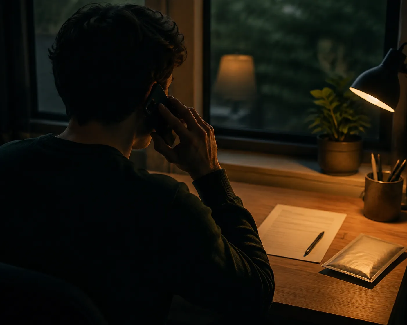 Person phoning a testing service beside a medicine list and sealed kit