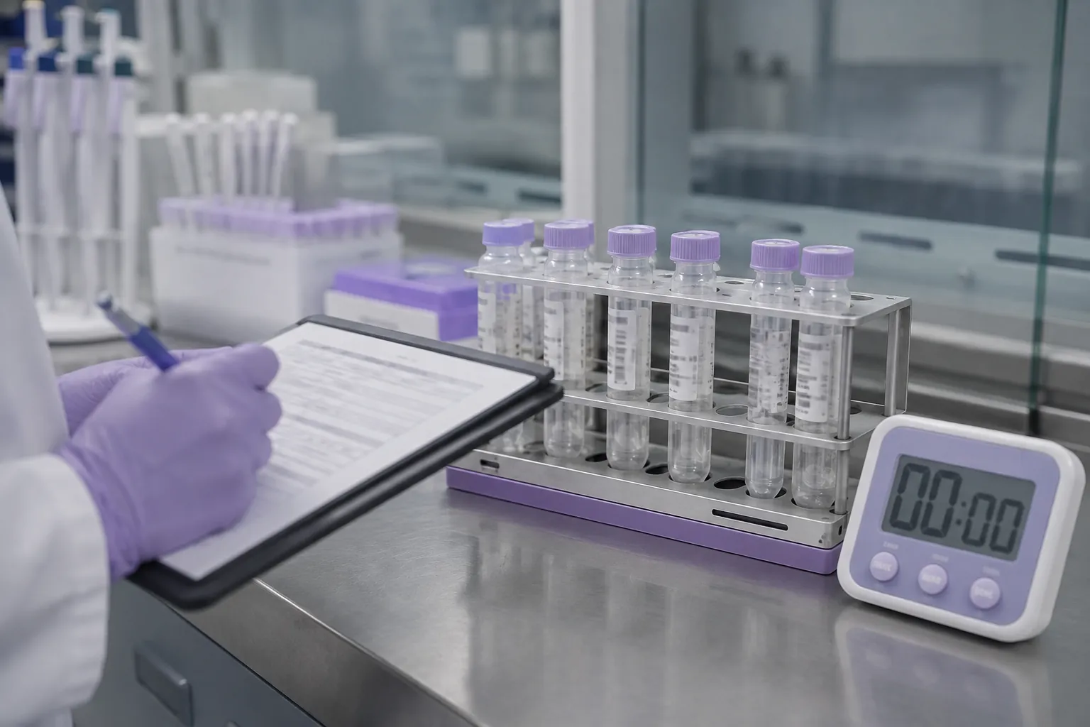 Laboratory sample rack with a technician recording collection timing