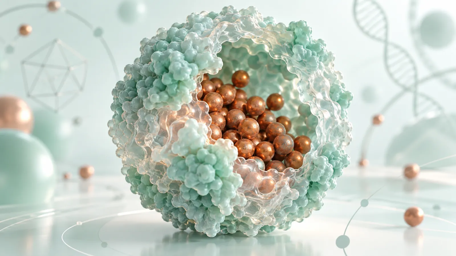 Abstract ferritin-like sphere holding iron-coloured beads