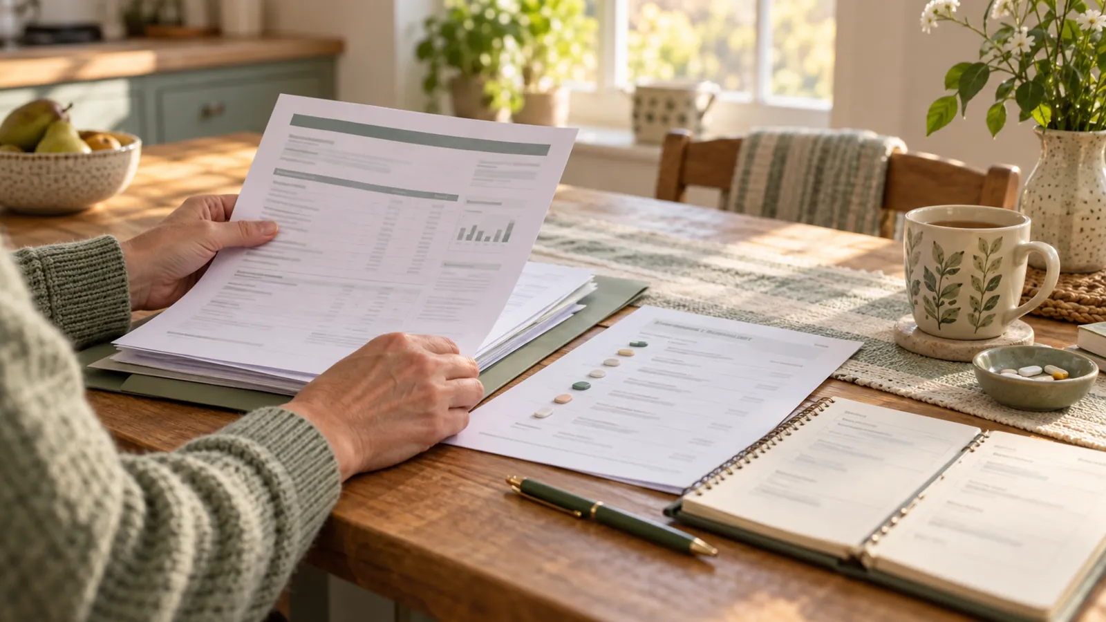 Adult organising a generic report and questions at a kitchen table