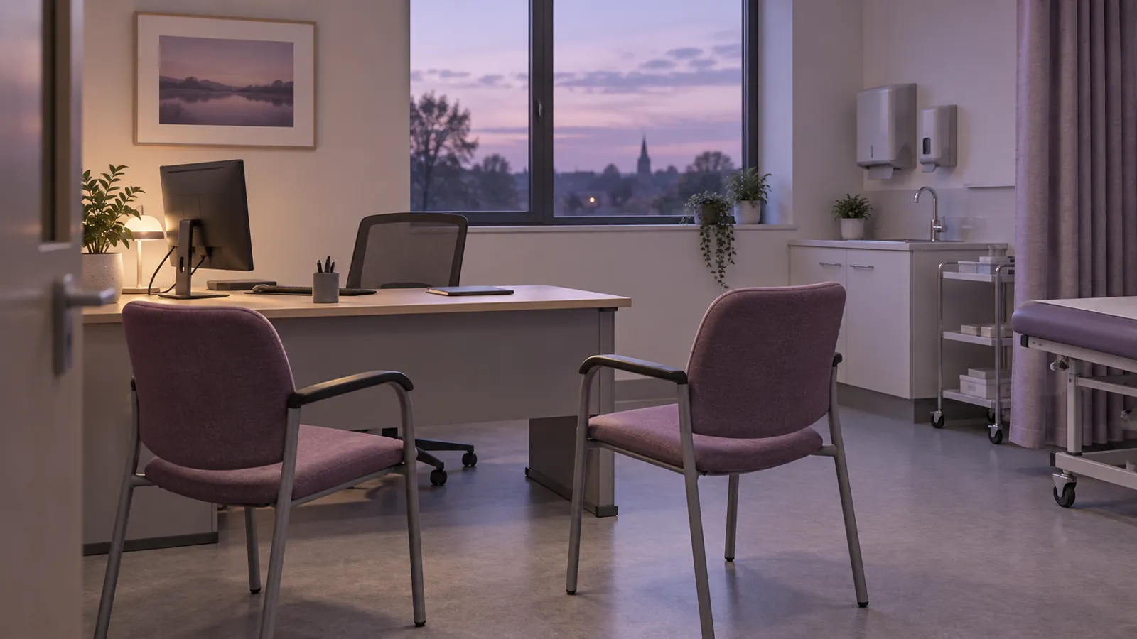 Quiet generic consultation room prepared for a discussion