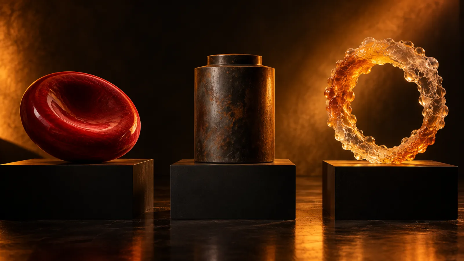 Separate ceramic forms representing blood cells iron storage and inflammation
