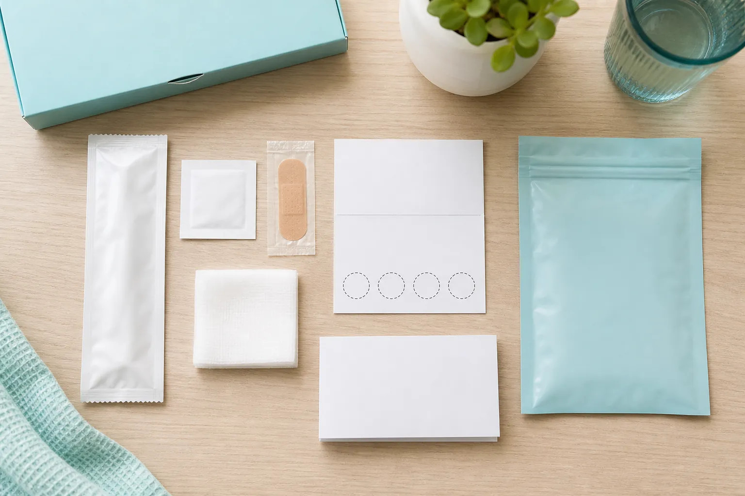 Unopened home dried blood spot collection kit arranged on a clean table