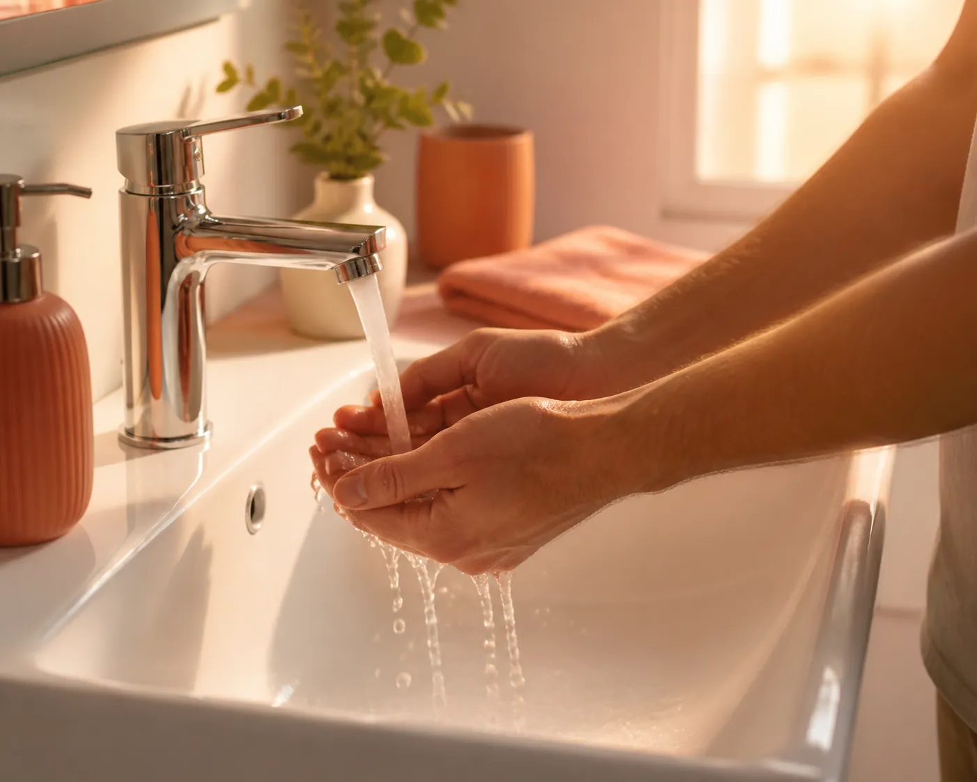 Adult warming hands under comfortable water before a finger-prick collection