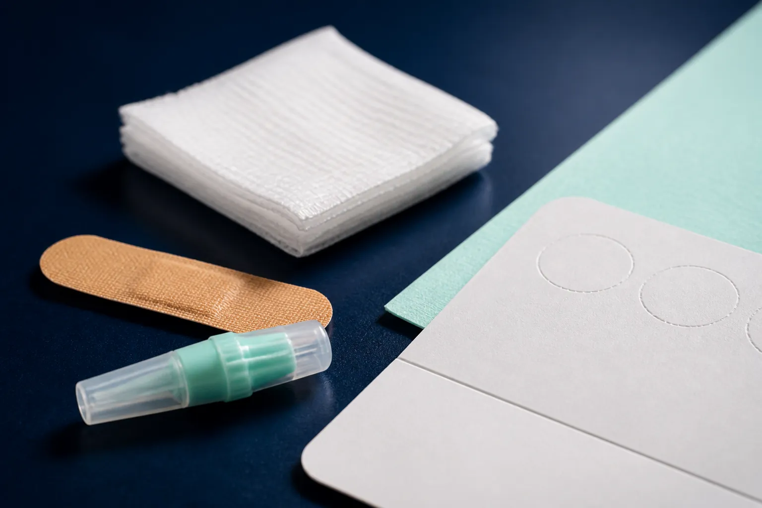 Sterile lancet, gauze, plaster and blank dried blood spot card prepared for collection