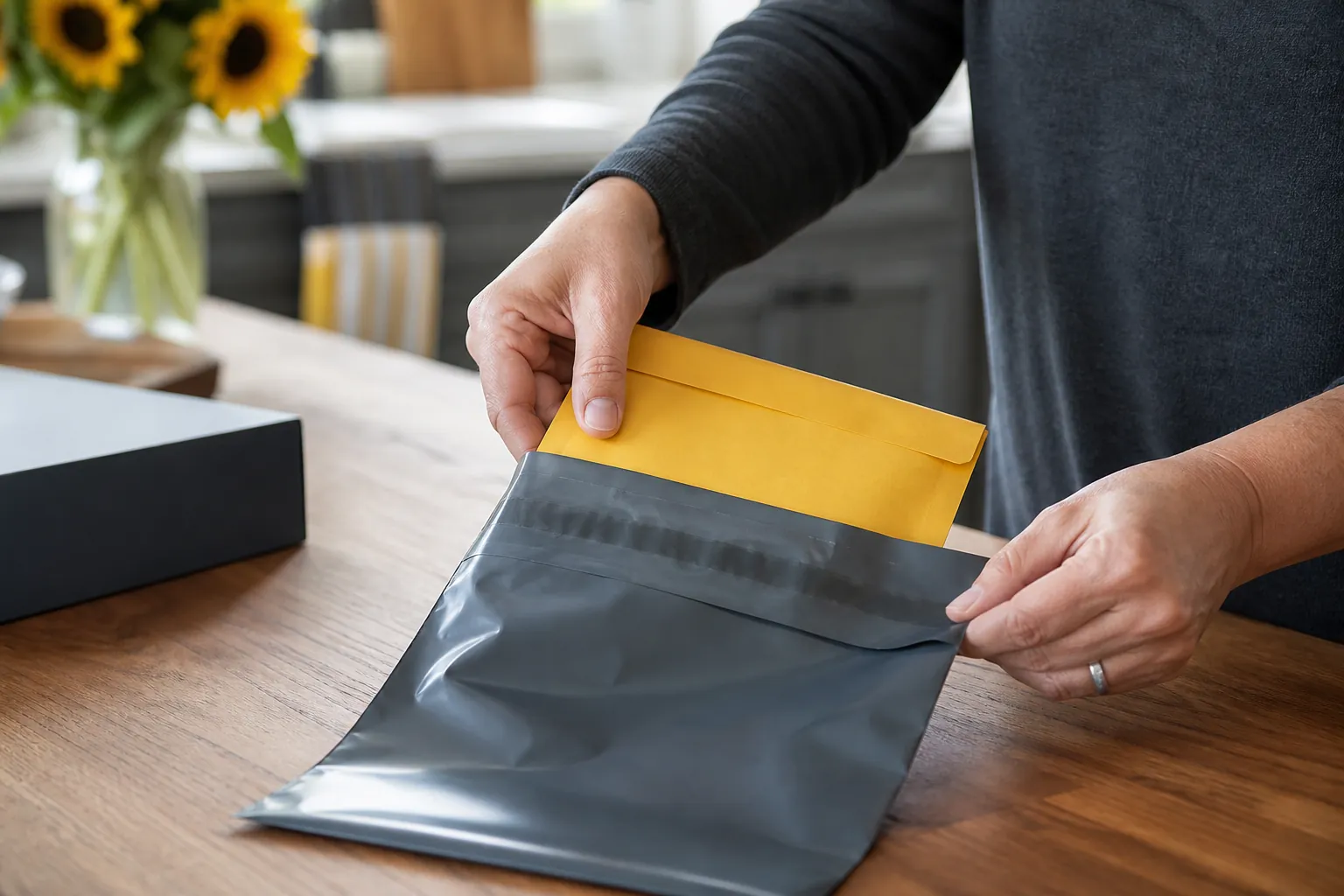 Closed specimen envelope being placed into protective return packaging