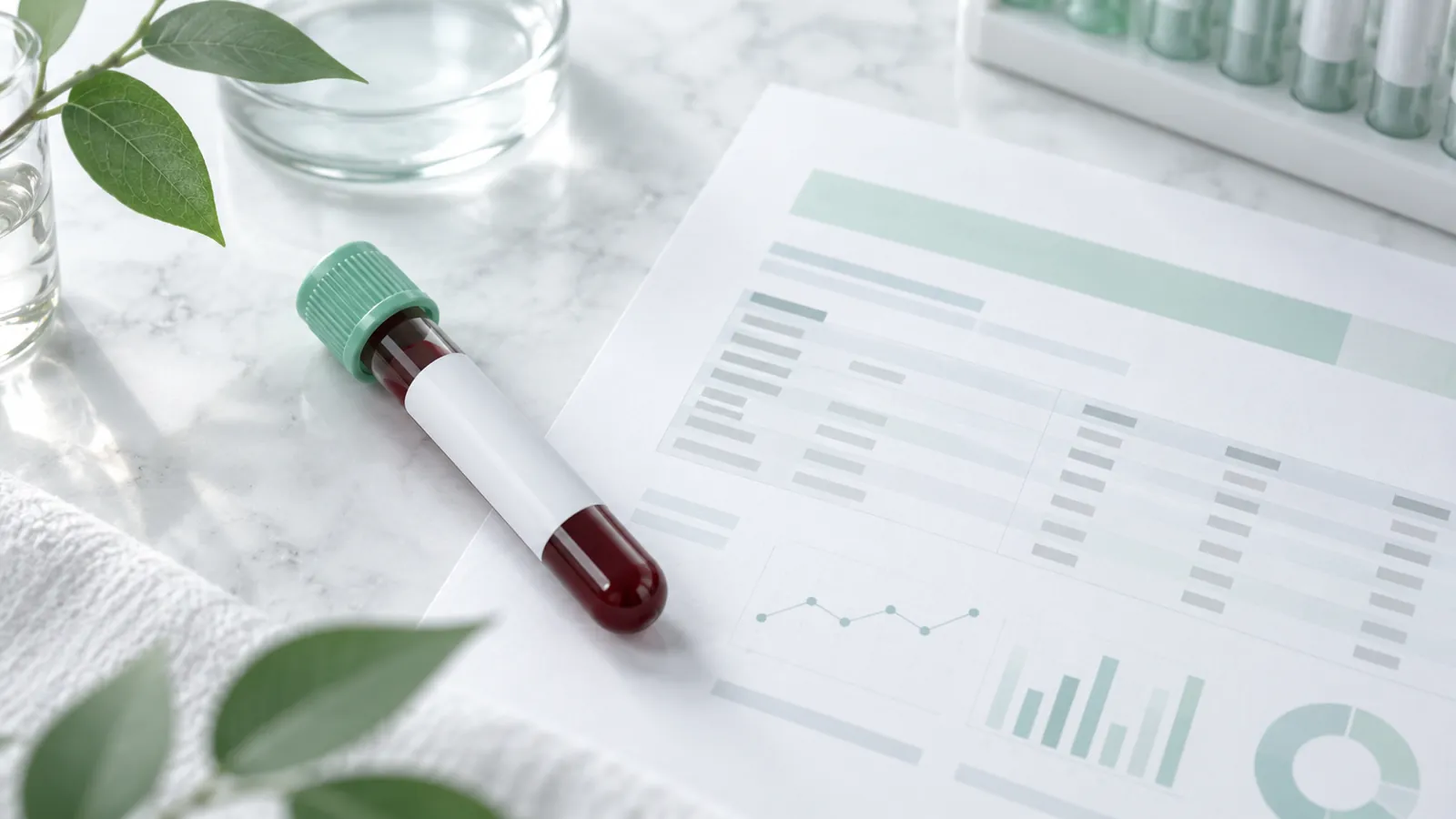 Clinical folate report beside a blood sample and green leaf forms in a neutral studio