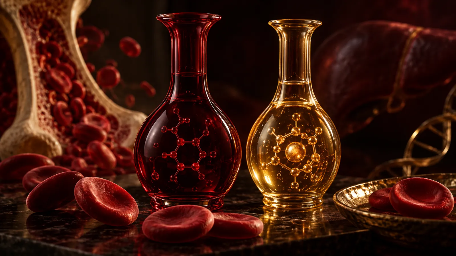 Close view of labelled vitamin B12 and folate pathways represented by coloured glass vessels