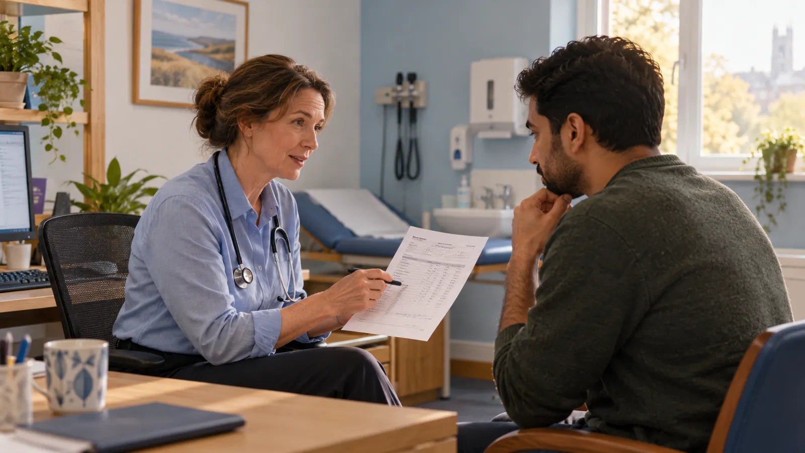 GP consultation with a patient discussing a printed blood result