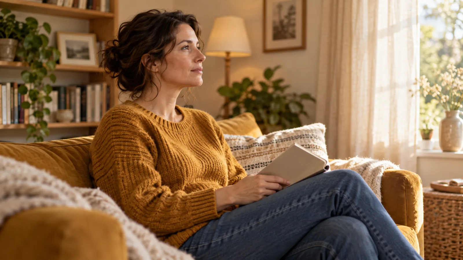 Illustrative adult holding a closed notebook at home, not a real patient story or testimonial