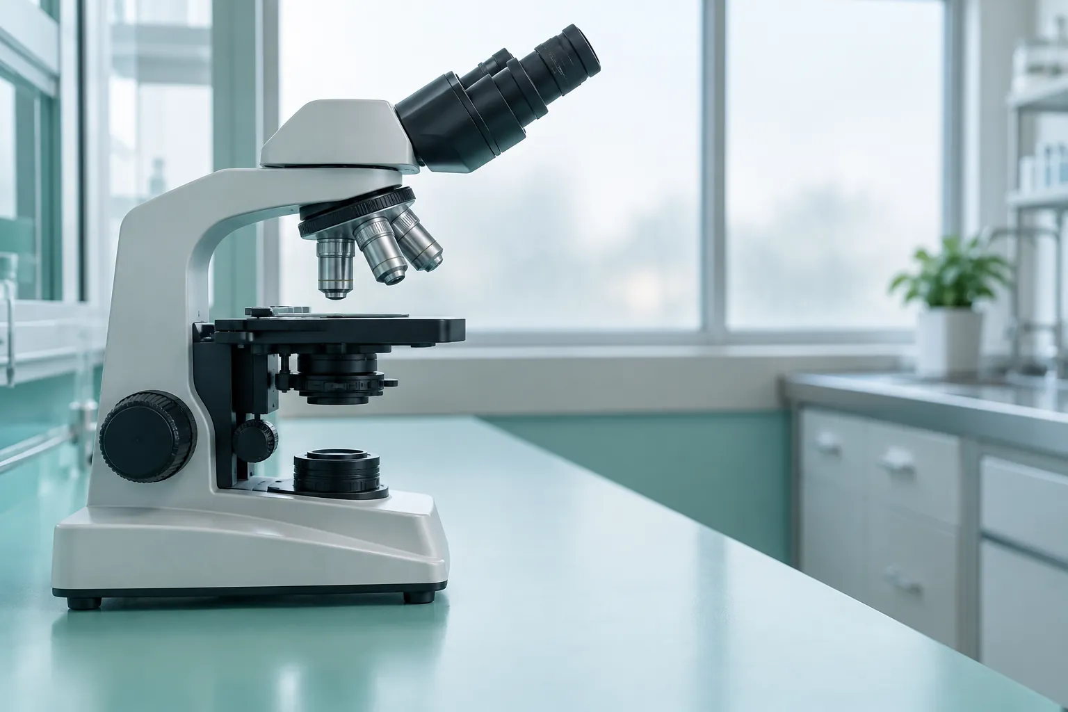 Illustrative microscope in a generic laboratory, not mescreen™ equipment or premises