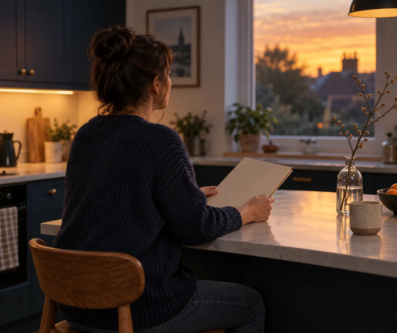 Illustrative adult holding a closed folder at home, not a patient story or testimonial