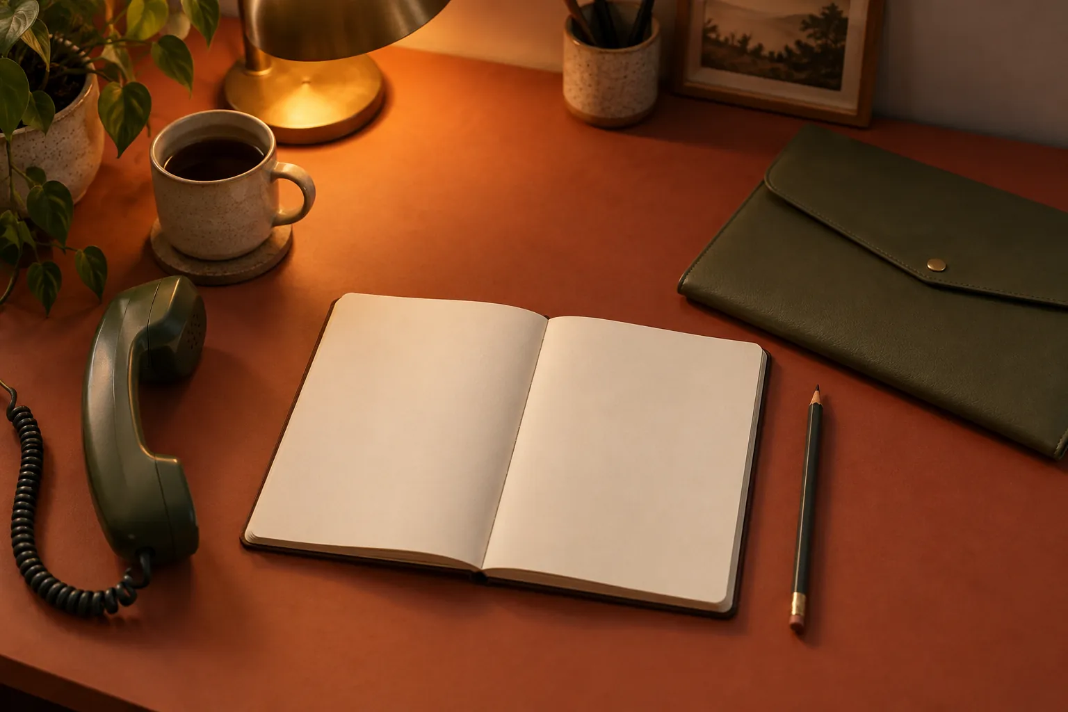 Illustrative blank notebook and telephone for preparing questions, with no blood results displayed