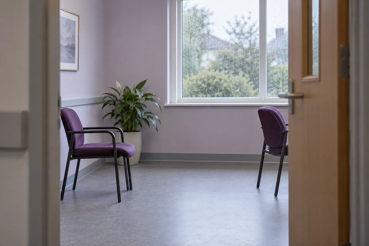 Illustrative empty waiting area, not mescreen™ premises or a claim of clinical consultation services