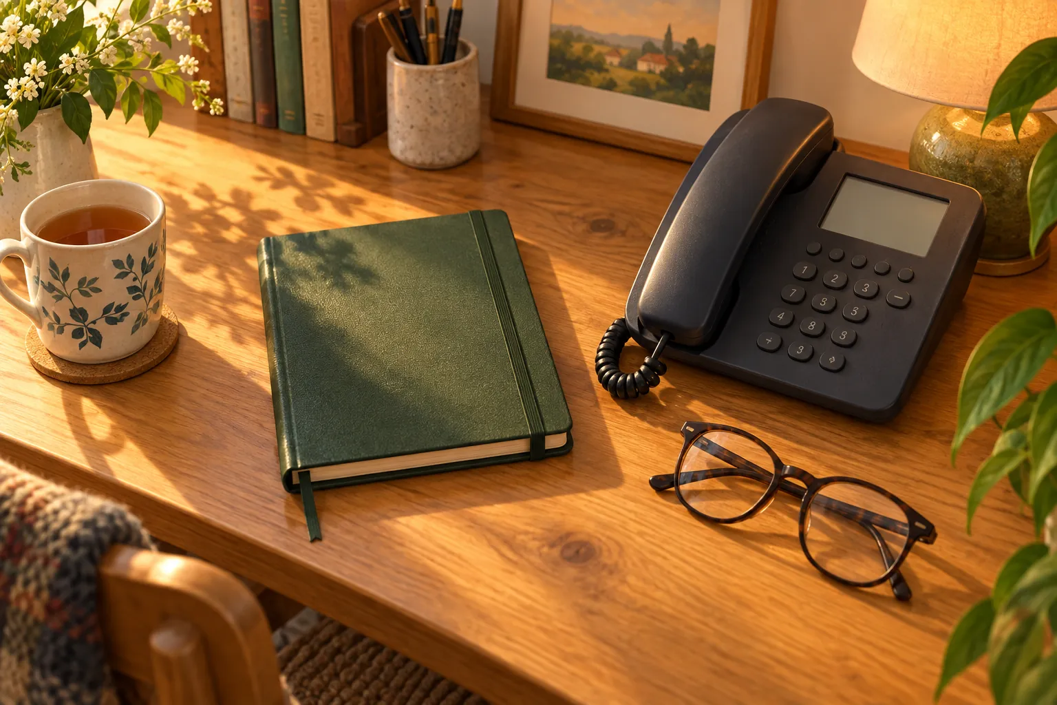 Illustrative notebook and telephone in a warm home study for a follow-up conversation, not a patient story