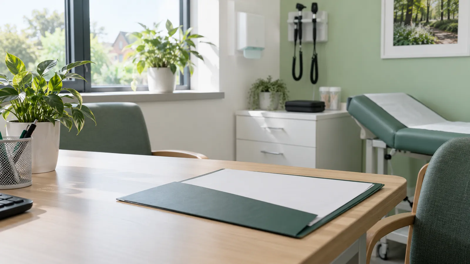 Blank HbA1c result folder in a calm UK consultation room