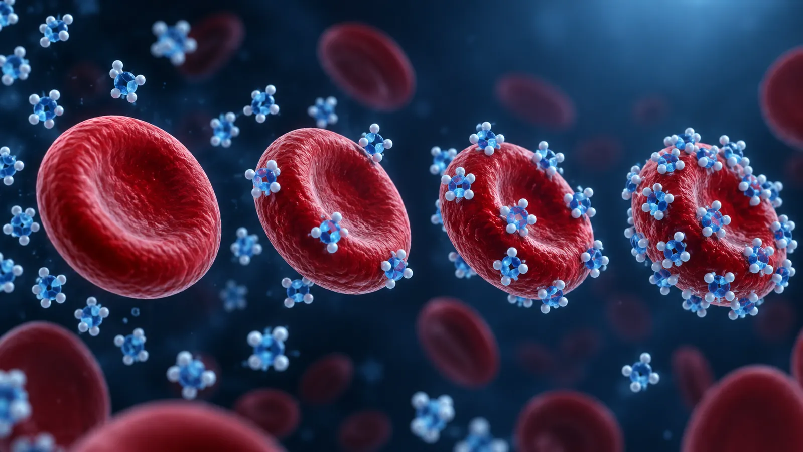Glucose molecules attaching to red blood cells in a clinical illustration