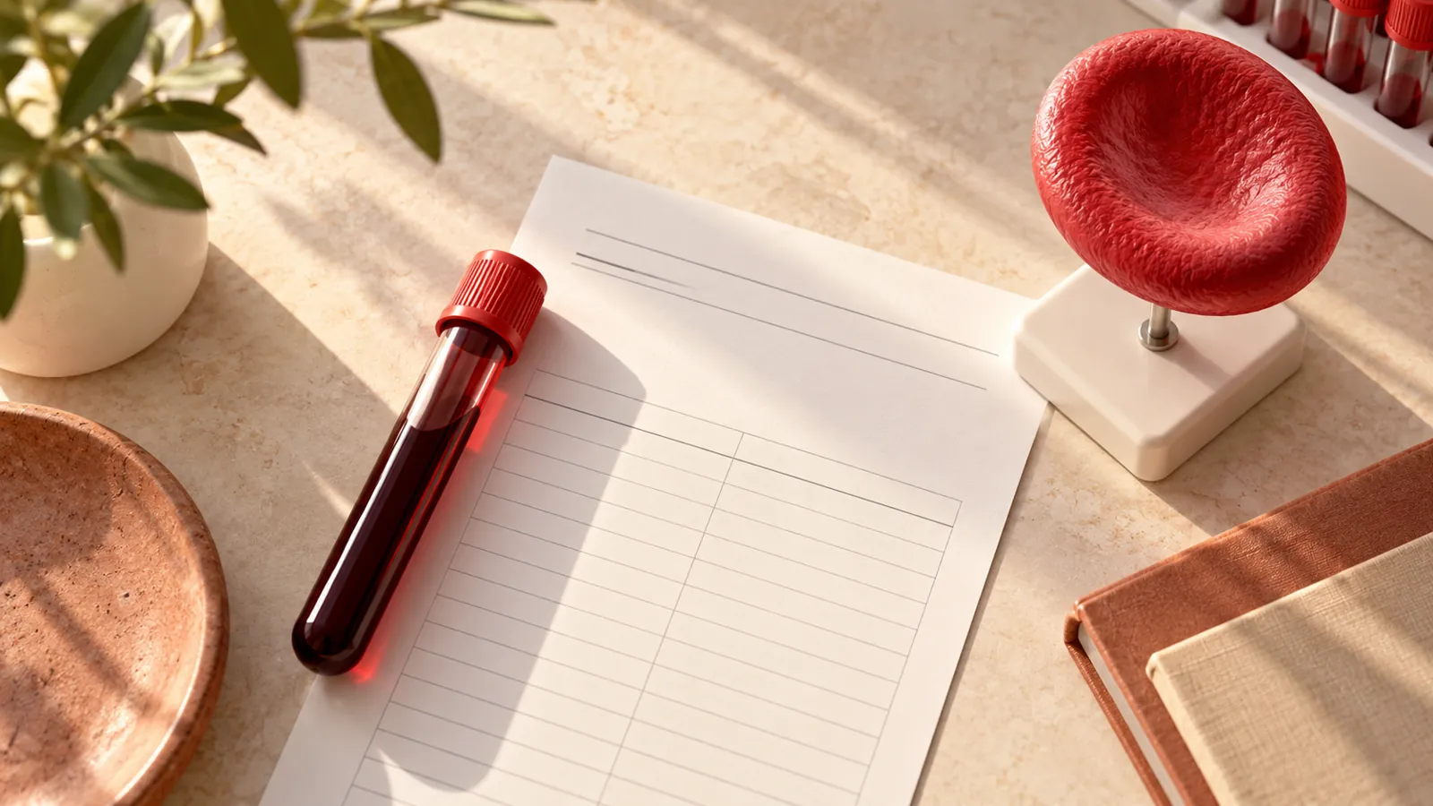 Unlabelled blood sample and blank laboratory report in warm morning light